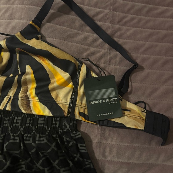 Savage & Fenty Animal Print Bikini Top (NWT) and Black Patterned Shorts - Picture 2 of 5
